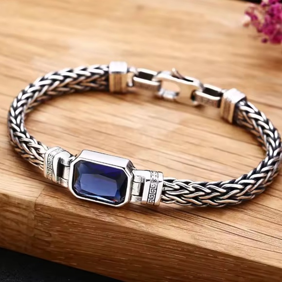 Sterling Silver Blue Zircon Braided Bracelet, Unisex, Handmade - Picture 13 of 15